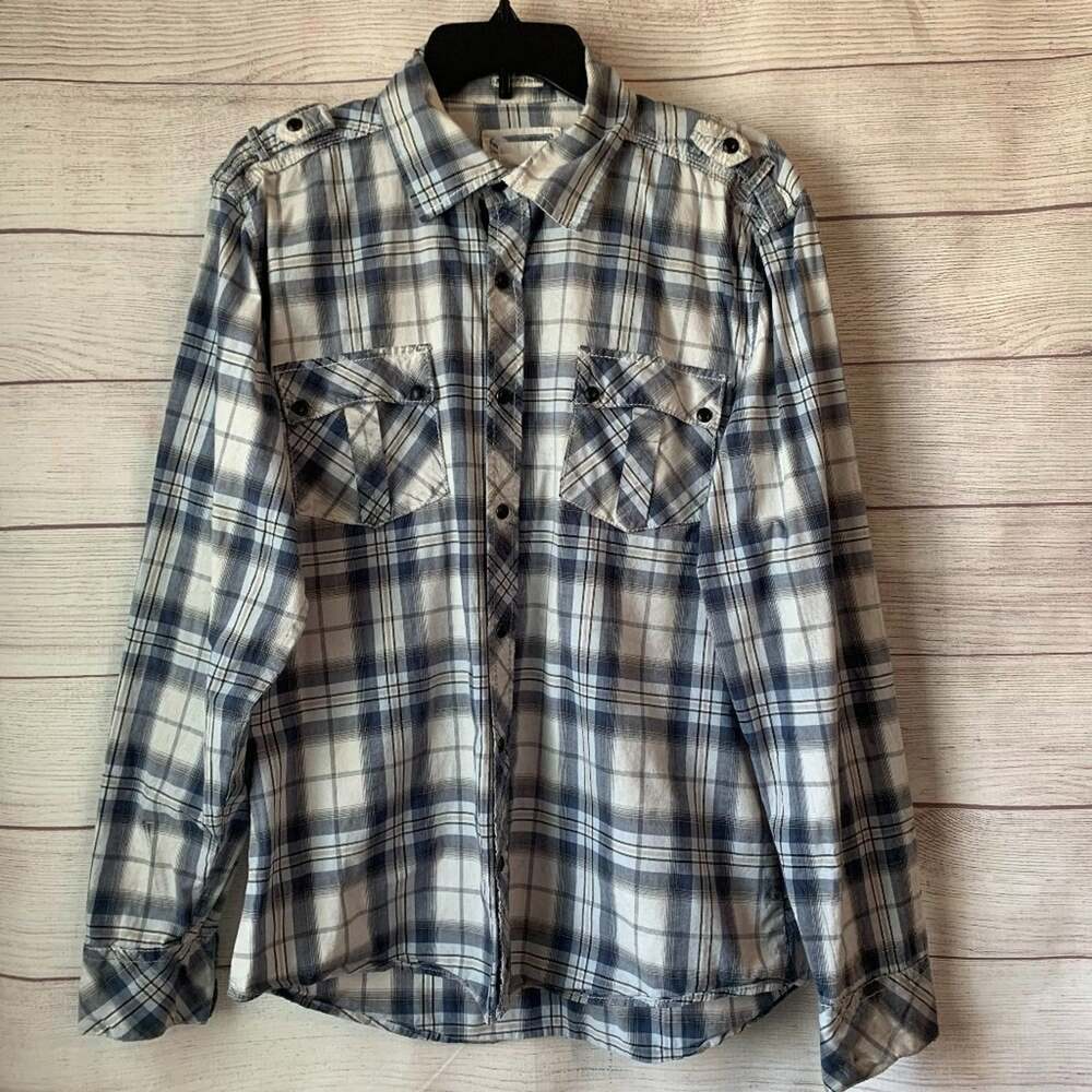 BKE Men's Blue White Plaid Button-Up Long Sleeve Shirt Athletic Fit Size Medium